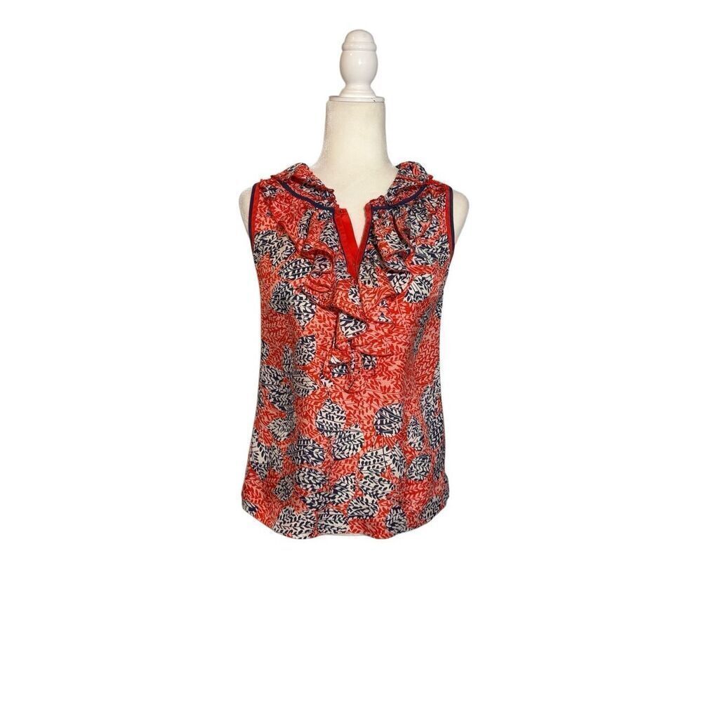 Tory Burch sleeveless, red and blue floral, ruffled neck blouse - 0